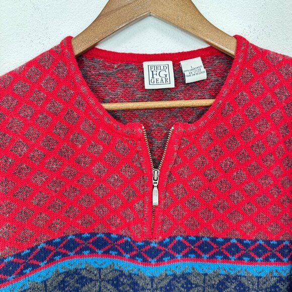Vintage Field Gear Bright Red 100% Lambswool Fair Isle Quarter Zip Cabincore - Picture 4 of 5